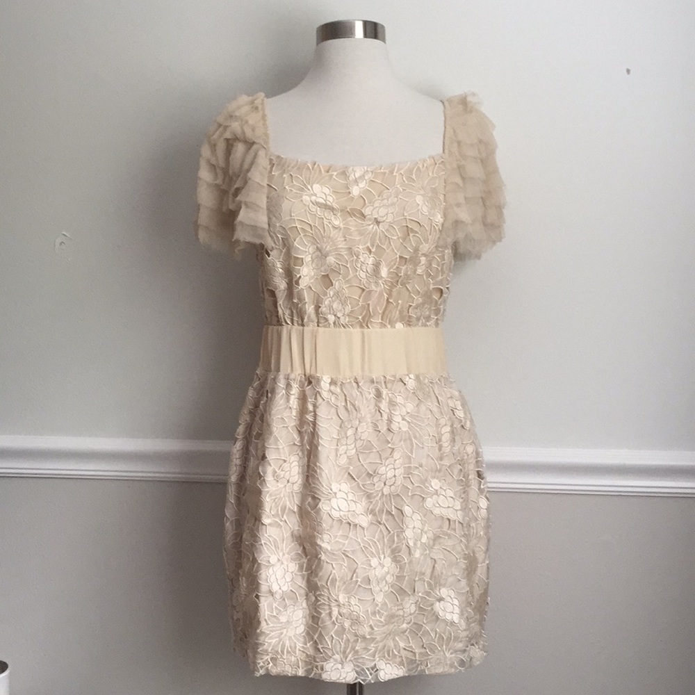 MM Couture Dark Ivory, Ruffle Sleeve Dress